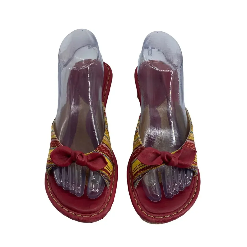 BORN Drilles 8 / 39 Striped Espadrilles Wedge Mule Open Toe Red Bow W5850